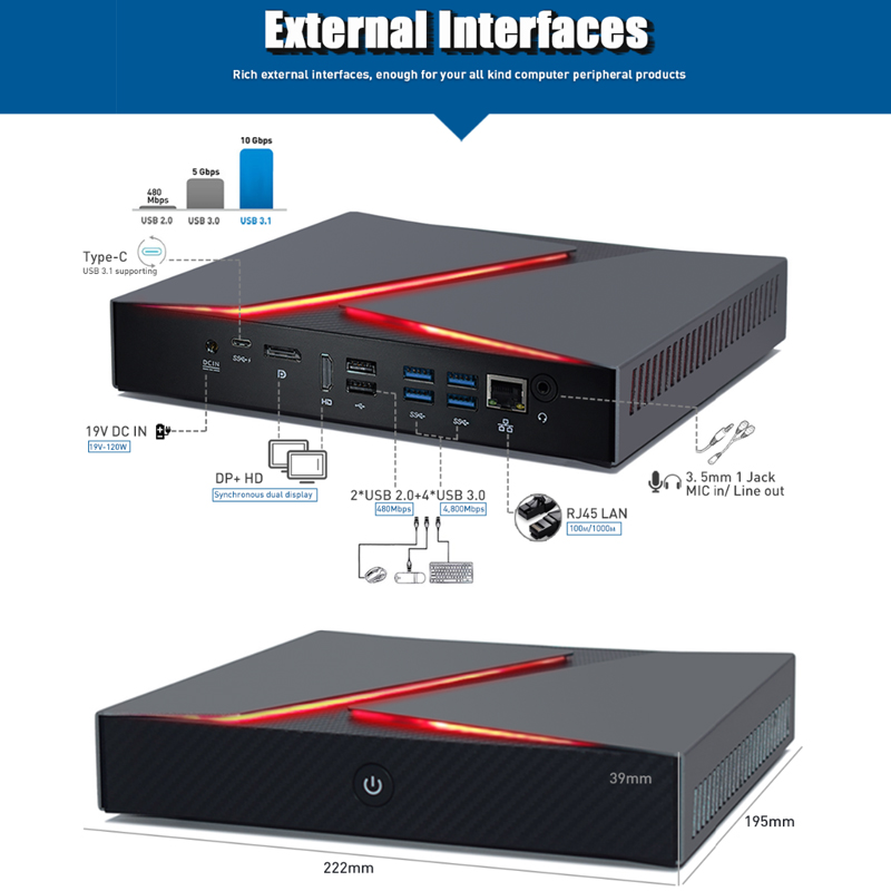Core I9 9880H Mini Pc USB 3.0*4 USB 2.0*2 Dual 4K Output Dedicated GTX1650 4GB Video Card Gamings Mini Pc