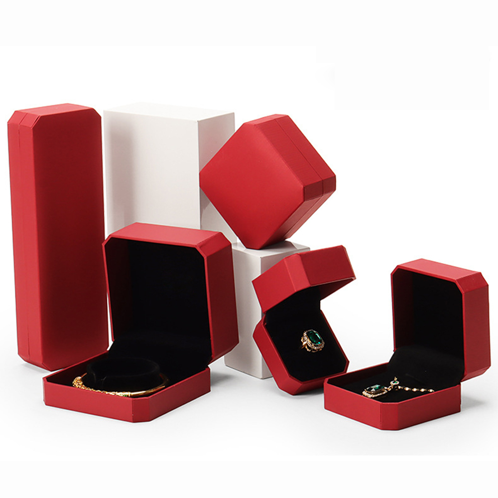 Red Leatherette Octagon Ring Box Velvet Jewelry Packaging