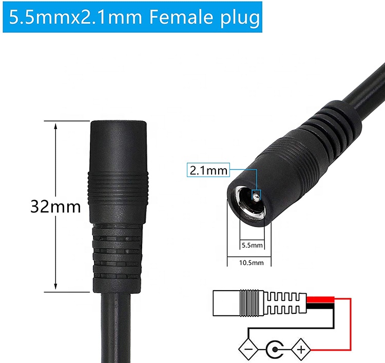CUSTOM DC Supply Input Jack 2.1x5.5mm Male Female Socket Barrel Connector to Open DC Pigtail Power Cable