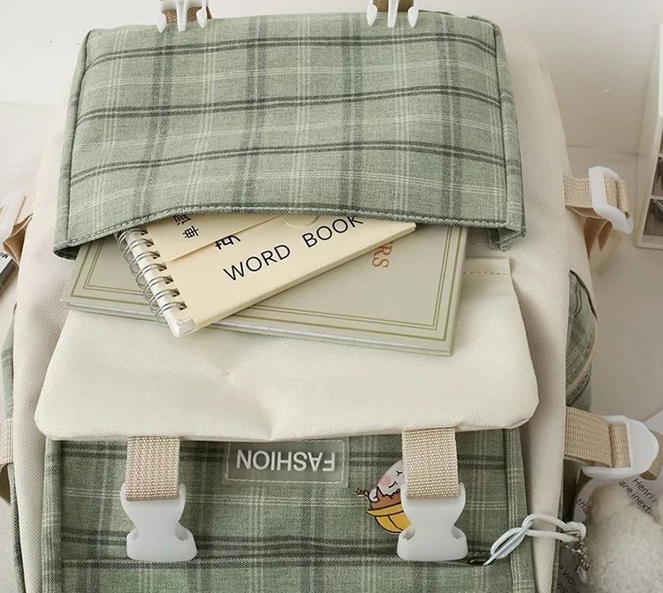 42cm Student School Backpack Sets Lovely Grid Printing 5 Pieces Backpack