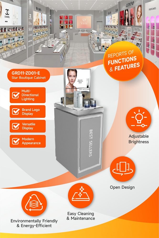 GDR11-ZD01-E Cosmetics Retail Display with LED Light Strips and Gray Glass for Retail Stores