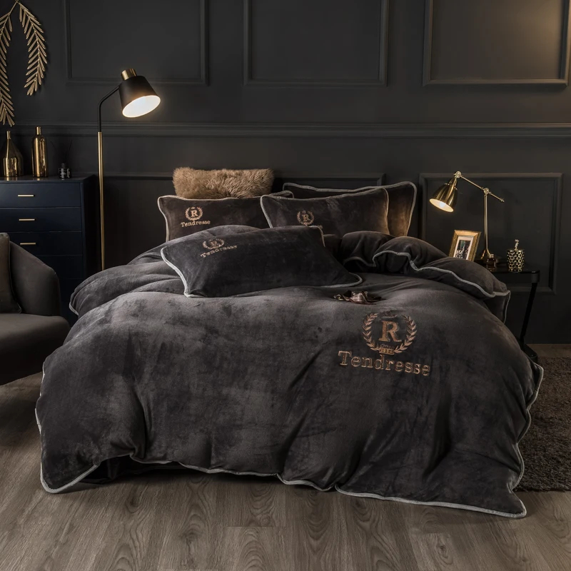 Customized Solid Milk Velvet Embroidery Bedding Set Thickened Warm Flannel Four Piece Set
