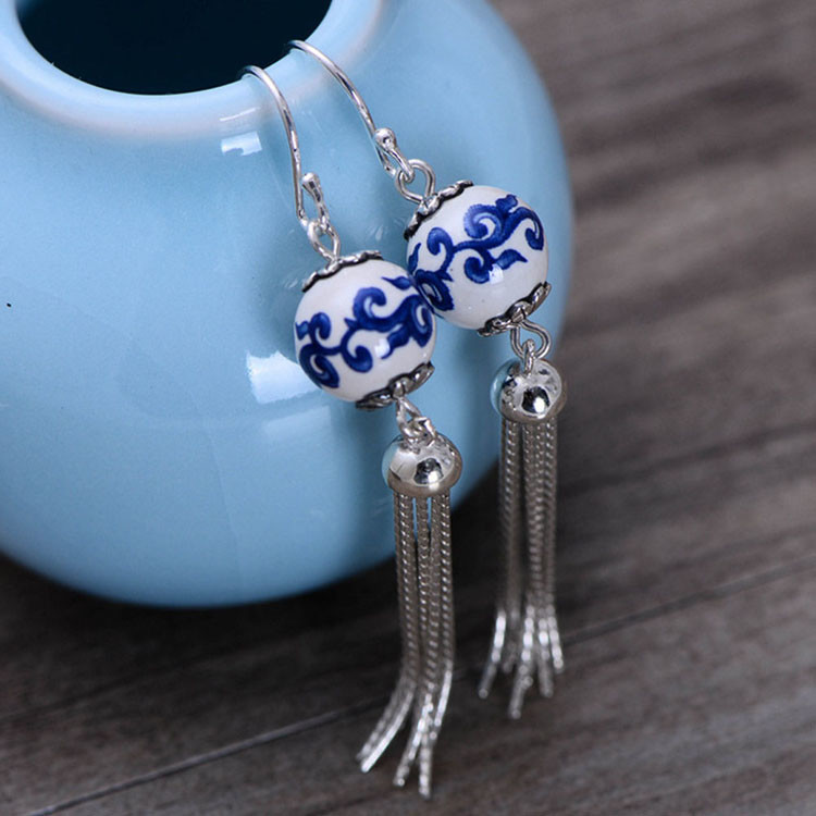 Fashion Ceramic Bead Sterling Silver Tassels Earrings(054268)