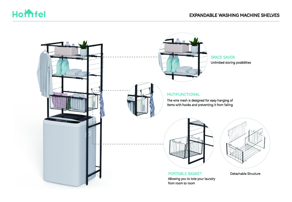 Pull Out Expandable Laundry Room Shelf Over Washing Machine Storage Rack 3-Tier Shelving Units With Rod