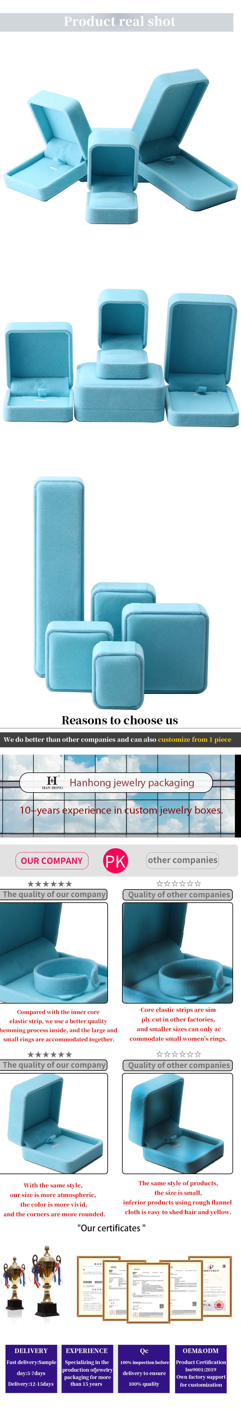 China Manufacturing wholesale high end Handmade Necklace Ring Box Jewellery Packaging Custom logo Luxury Square Suede Velvet Sky Blue Jewelry Box