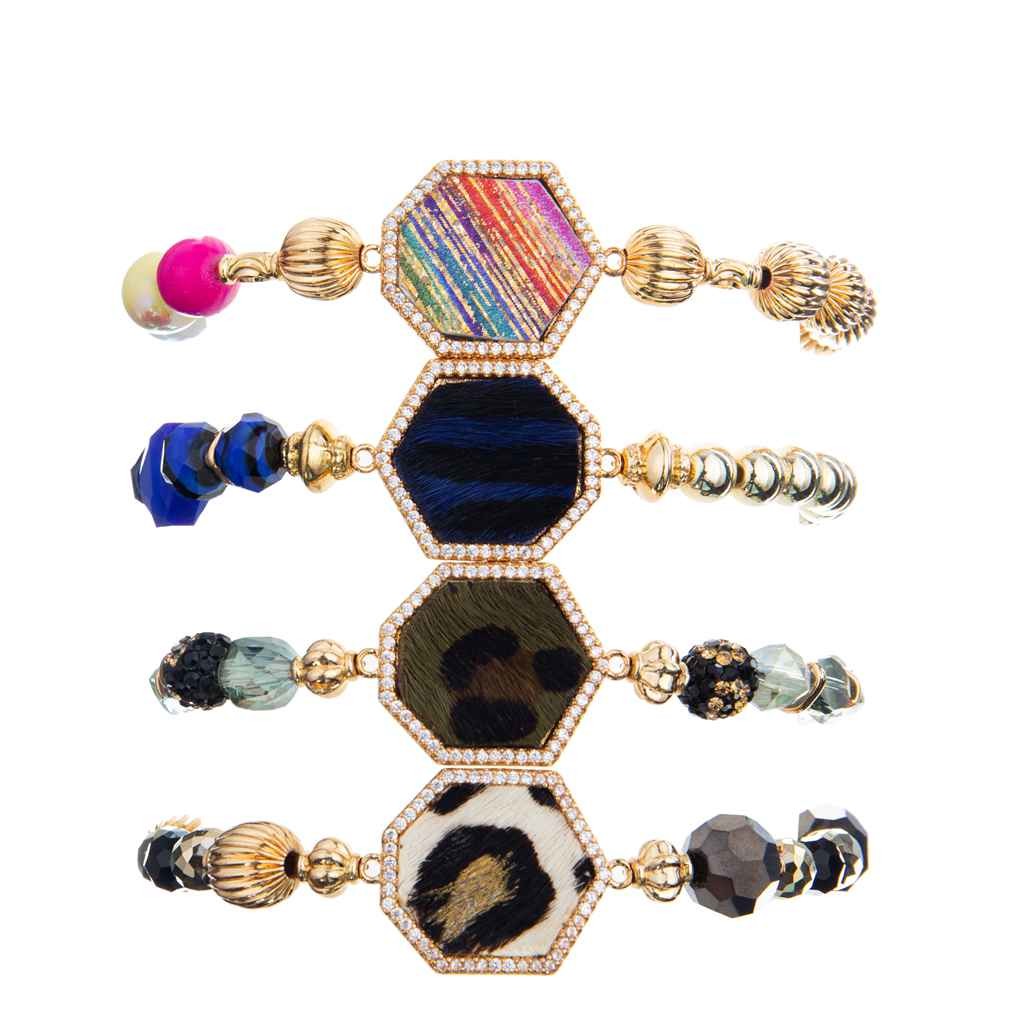 Handcraft Stretchy Brass Bead Bracelet 20g Grey Leopard With Gold