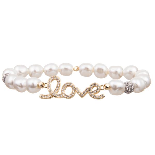 2023 ideal wedding gift Glass White Pearl And Brass Zircon LOVE Stretchy