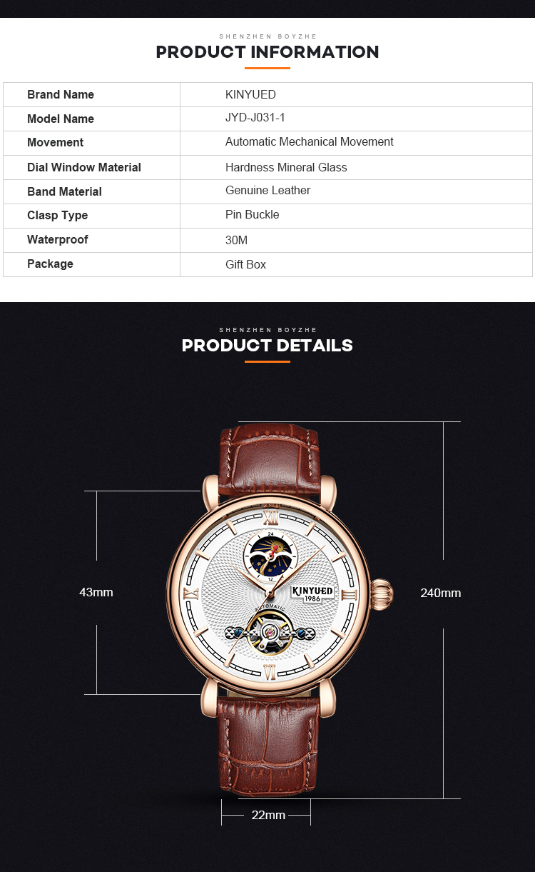 Brief Moon Phase Mens Mechanical Watches Water Resistant Sports Use