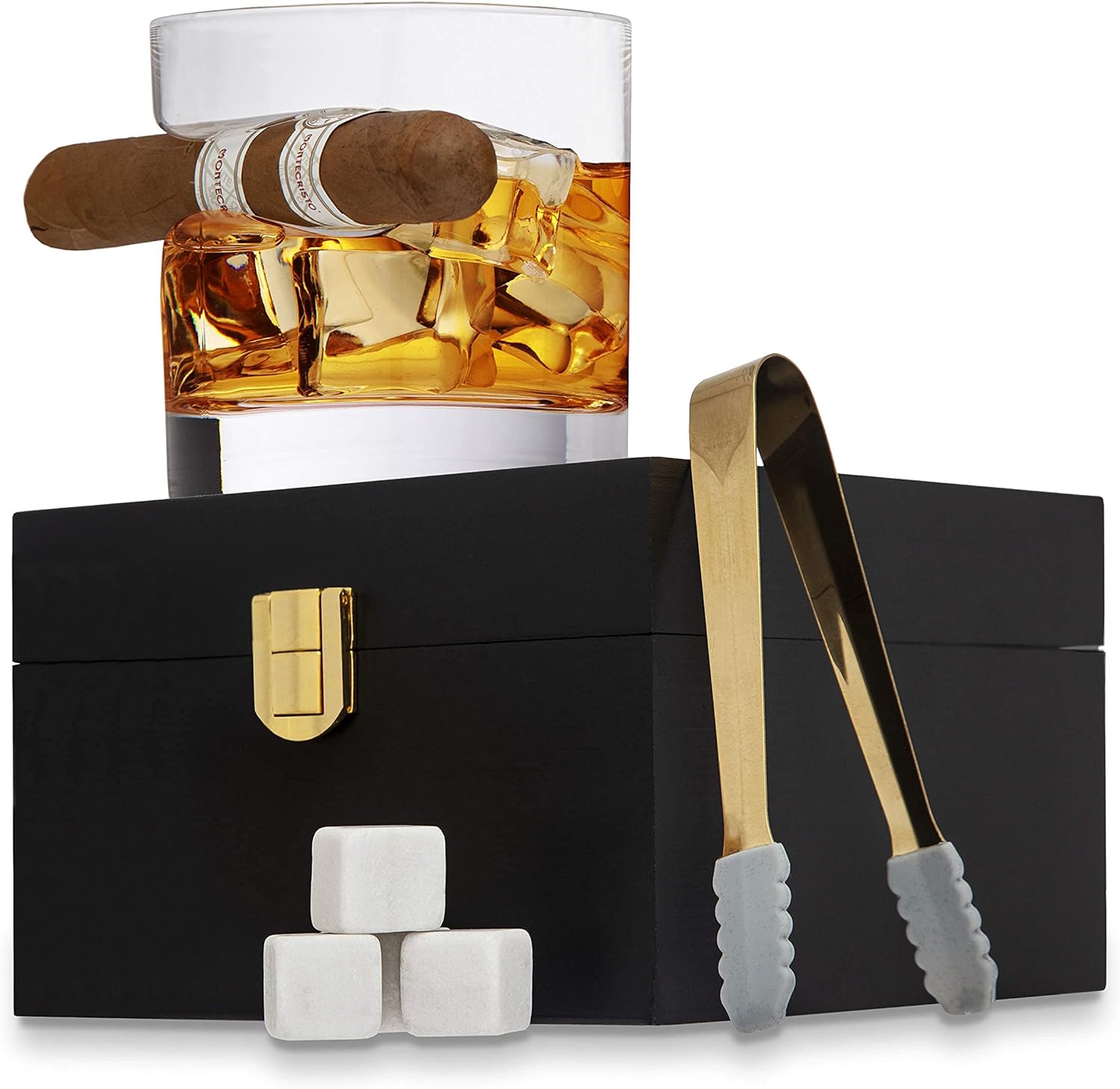 Cigar Whiskey Glass Wooden Gift Box, Old Fashioned Glass, Cooling Whiskey Stones and Tongs Bar Wood Box