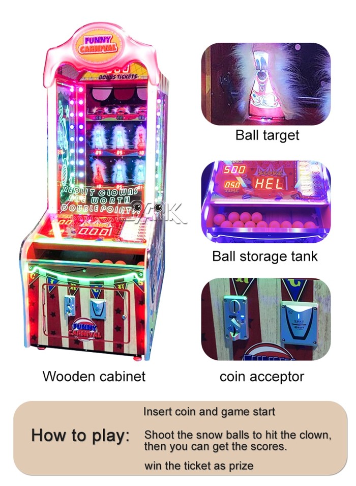 Coin Operated Ticket Game Machine Funny Carnival Hit The Clowns Toss Ball Redemption