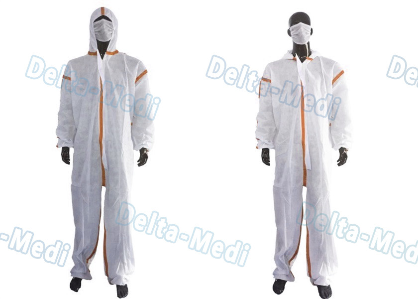SMS White Disposable Coveralls , Chemical Protective Suit With Hood Tape Seam