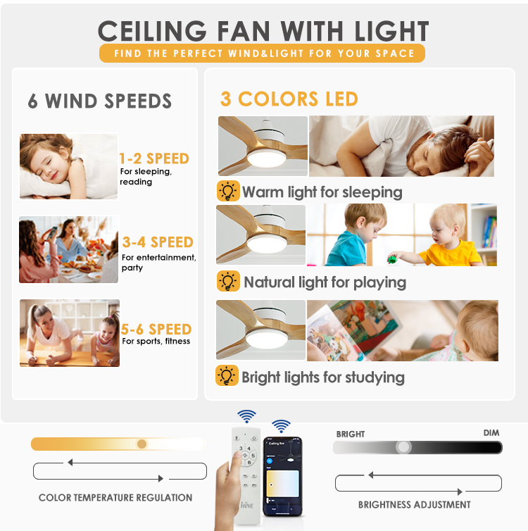 Small Space 35 Inch Solid Wood Blades Ceiling Fan with LED Light Motor DC Pure Copper