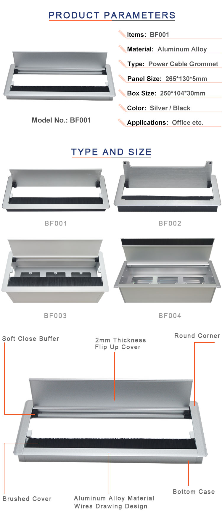 aluminum alloy office desk wire cable grommet box /white rectangle table top hole flip cover cable management box with b