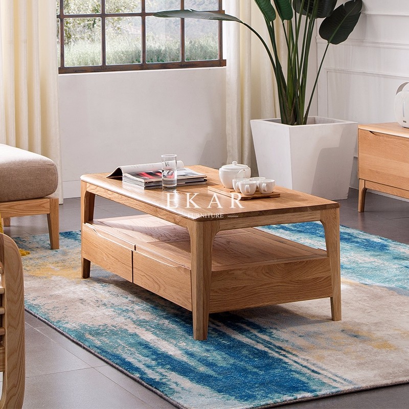 Solid Oak Wood 2 Drawers Sofa Table Center Table