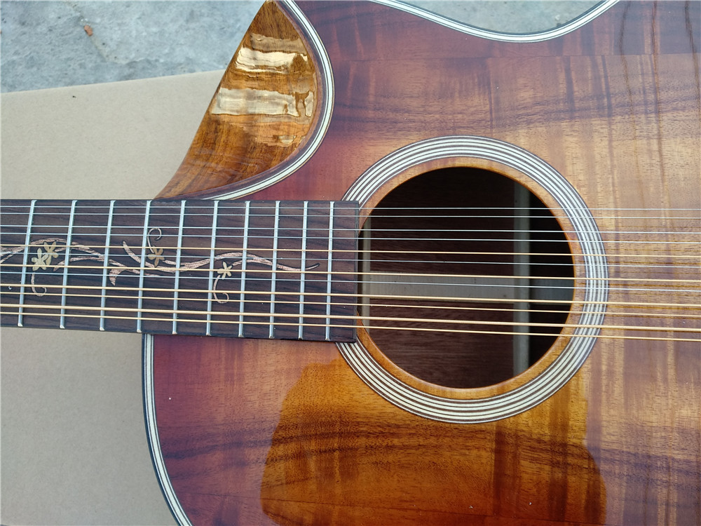Koa wood Handmade jumbo acoustic 12 string armrest bevelled cutway 12 Strings custom acoustic electric guitar