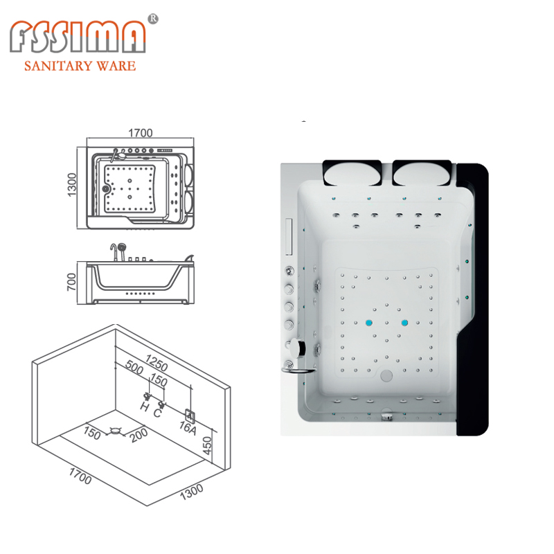 Free Standing Air Jet Bathtub Shower Combination 1700mmx680mm Remote Control