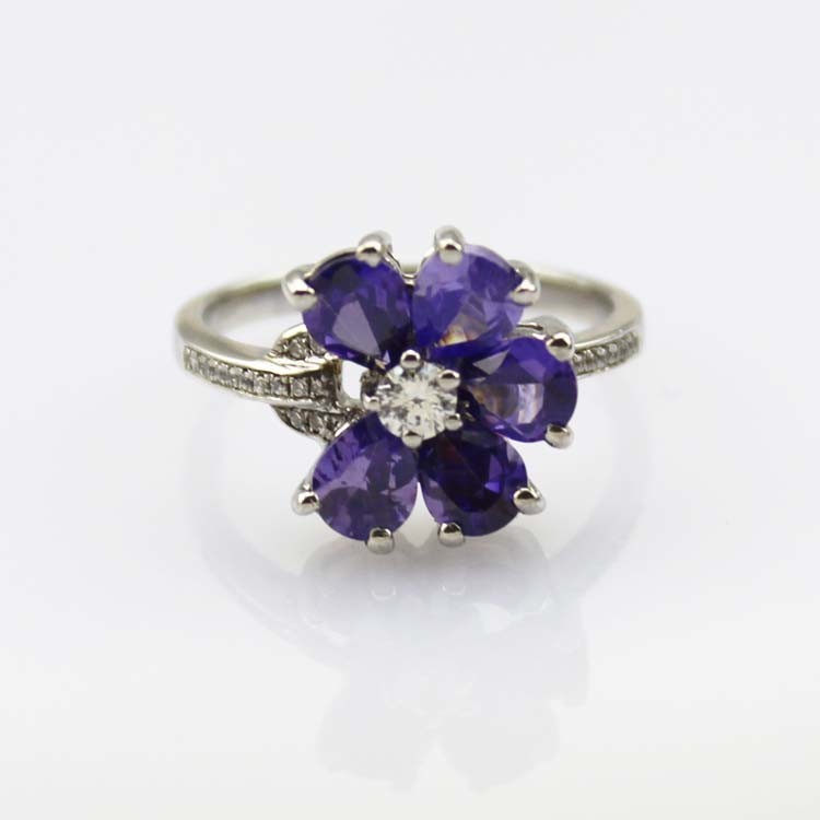 Women Jewelry 925 Silver Amethyst Cubic Zircon Flower Ring (R117)