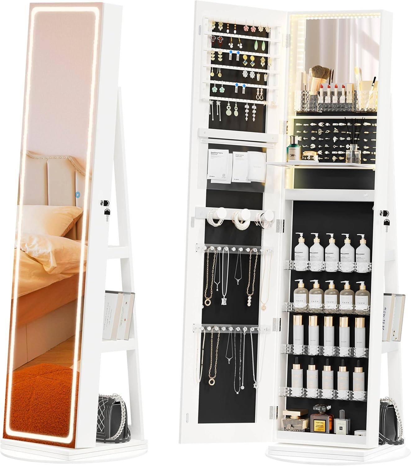 LED Full Length Mirror Jewelry Cabinet Dimmable Standing Mirror Jewelry Box Lockable