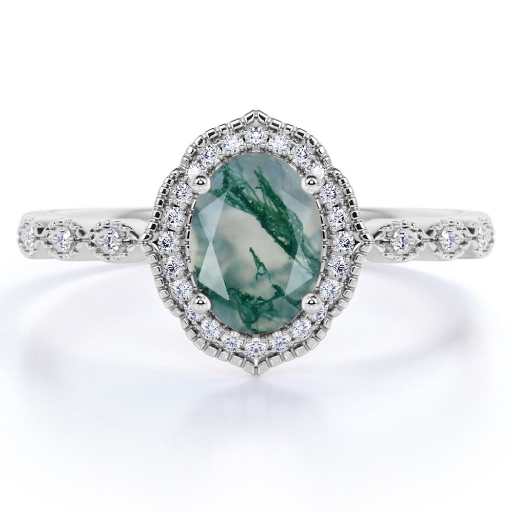 Prong Halo Oval Cut Milky White Dendritic Green Agate And Moissanite Miligreen Antique Design Engagement Ring