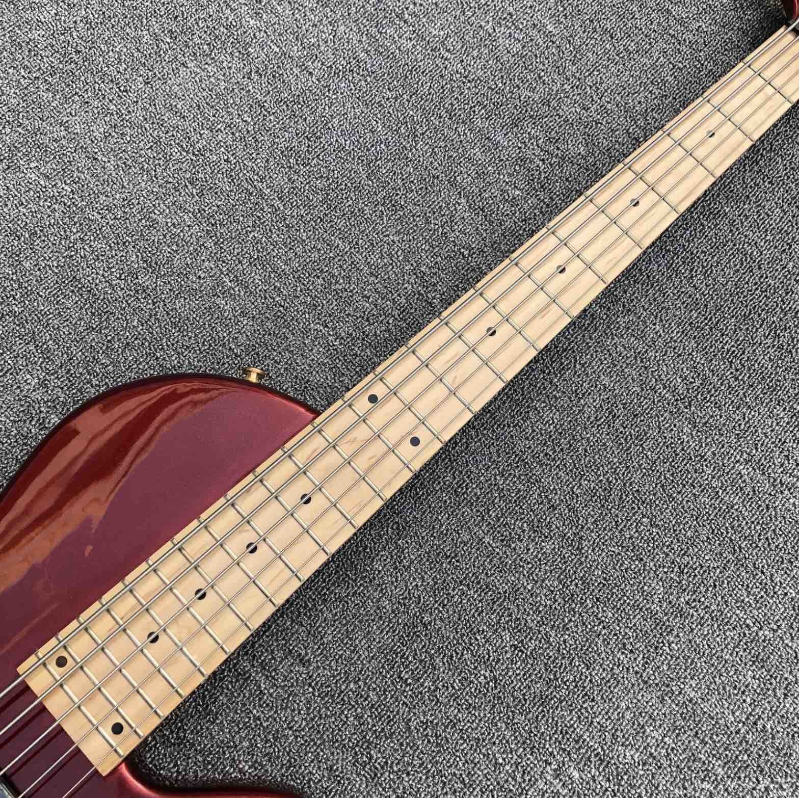 Metallic red Butterfly 5 strings Ash wood Bass Guitar,Factory custom Neck through body 9V active pickups Electric Bass