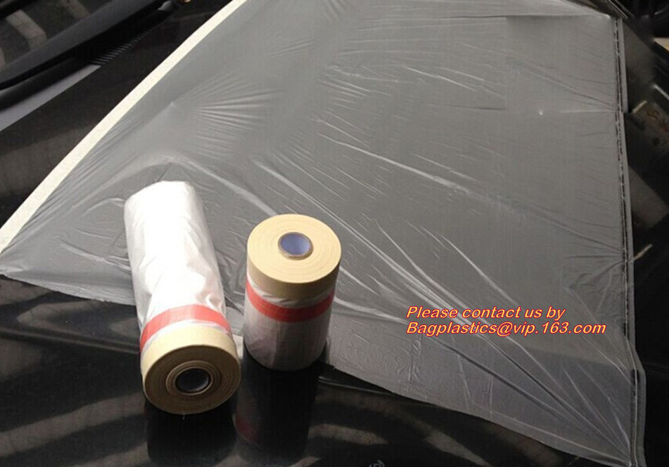 Disposable PE pre-taped self static cling masking film, Cover mask plastic drop film PE protection film with tape, BAGEA