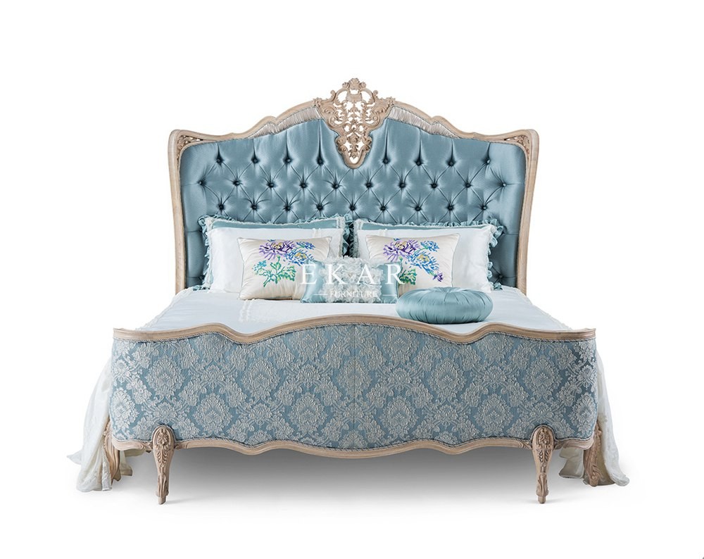 Antique Soild Ash Wood Luxury Carved Upholstered Fabric Royal King Size Bed