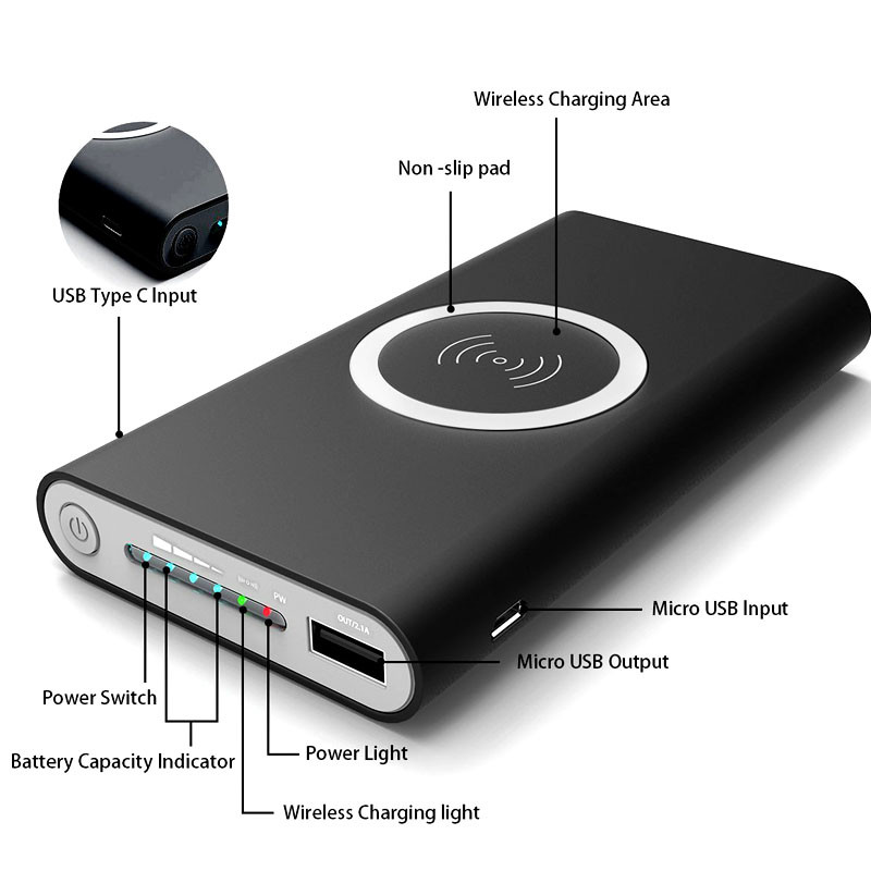 Wireless Qi Length 135mm Personalised Power Bank Black White Grey
