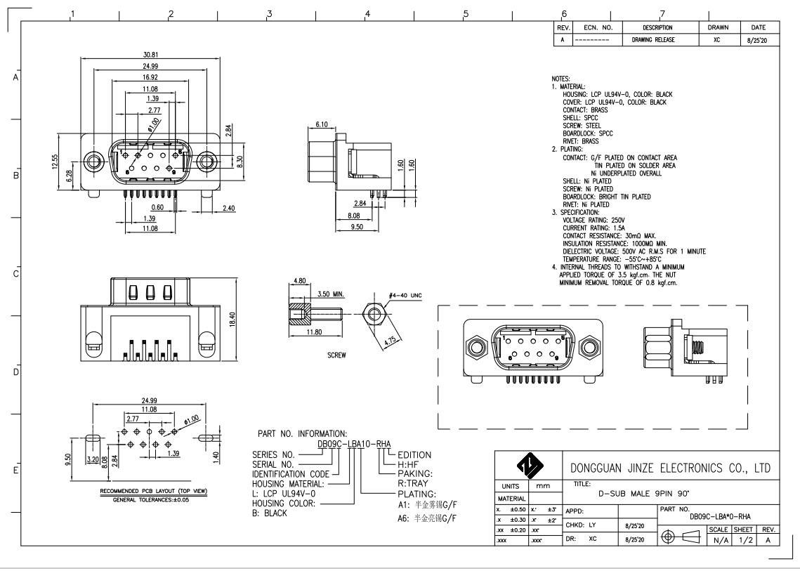 9 Pin Male D-SUB Connectors Right Angle DB9 PCB Mount 1.5AMP