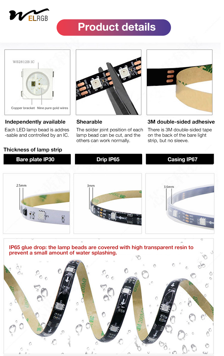 Addressable Digital RGB Flex LED Strip Light 0.3W/LED and 80 Ra Color Rendering Index