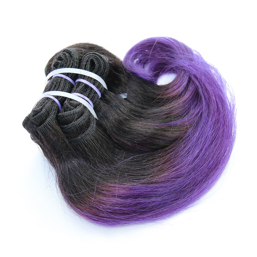 2017 New Style Short Curl Ombre Purple Brazilian Remy Hair Weft Hair Extension