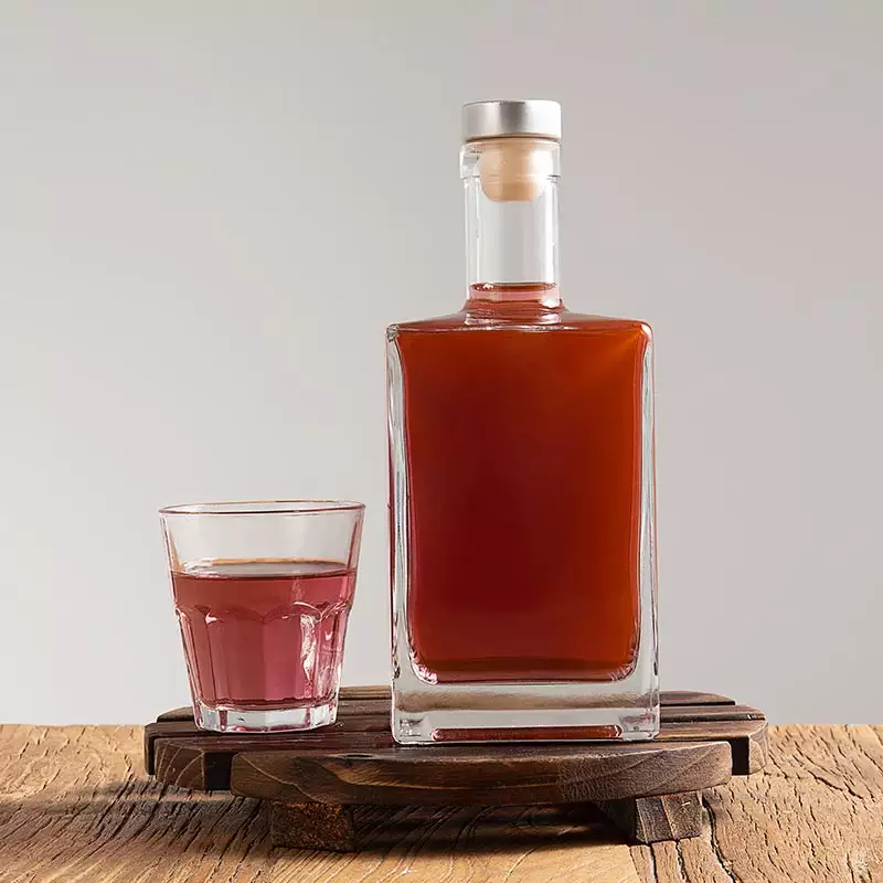 Base Material Glass Custom 500ml 750ml Square Wine Whisky Glass Bottle with Cork Cap