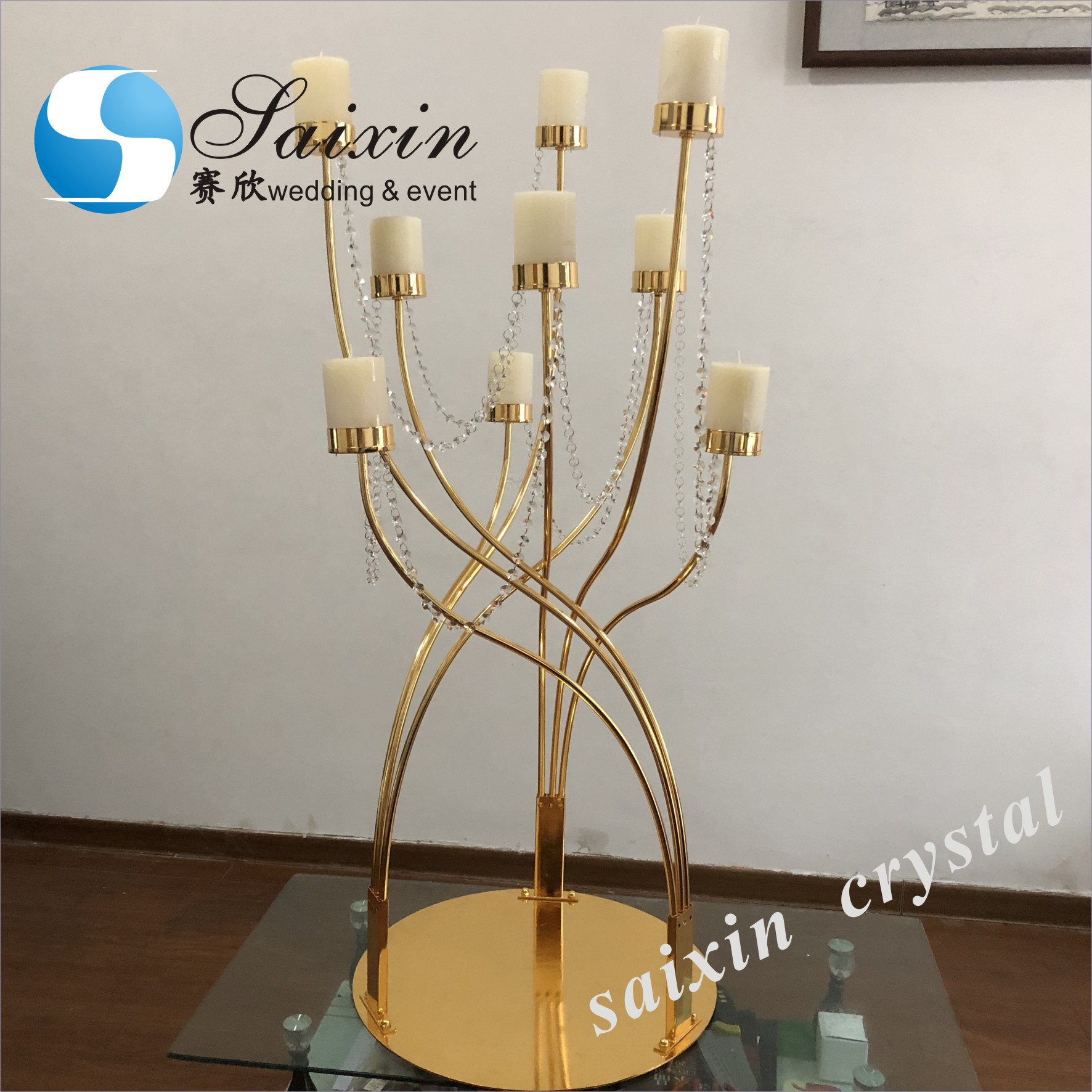 9 Arm Gold Metal Candelabra Luxury Candles Decor Antique Crystal Candle Holders