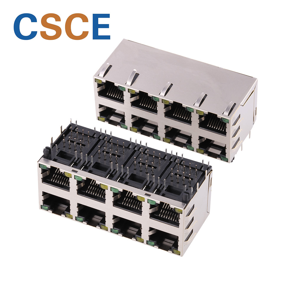  2 X 4 Multiple Port Stacked RJ45 Connectors 59C Series With EMI / Leds Manufactures