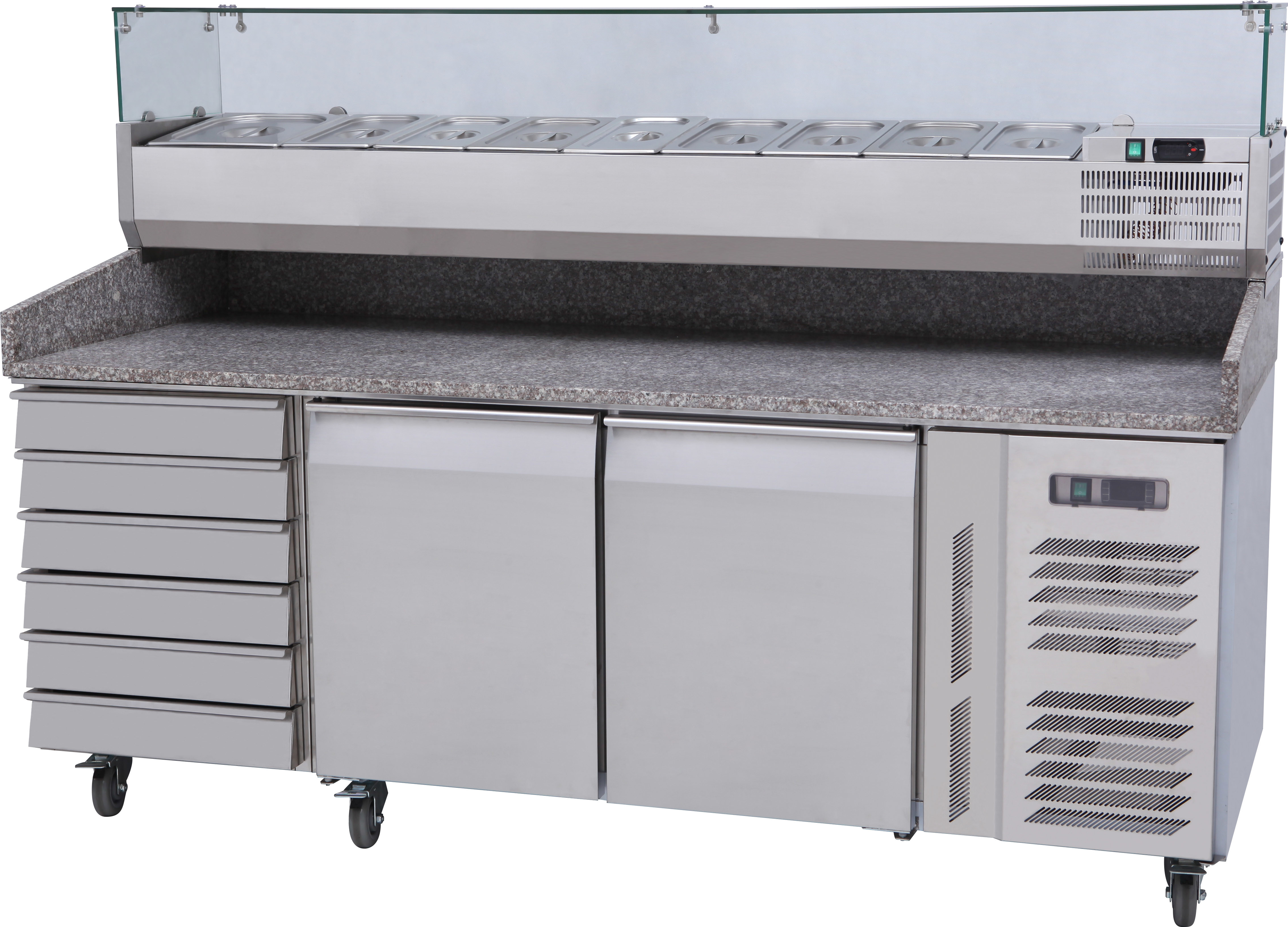 2 Door and 6 Drawer Commercial Refrigerated Pizza Prep Table With Marble Table Top