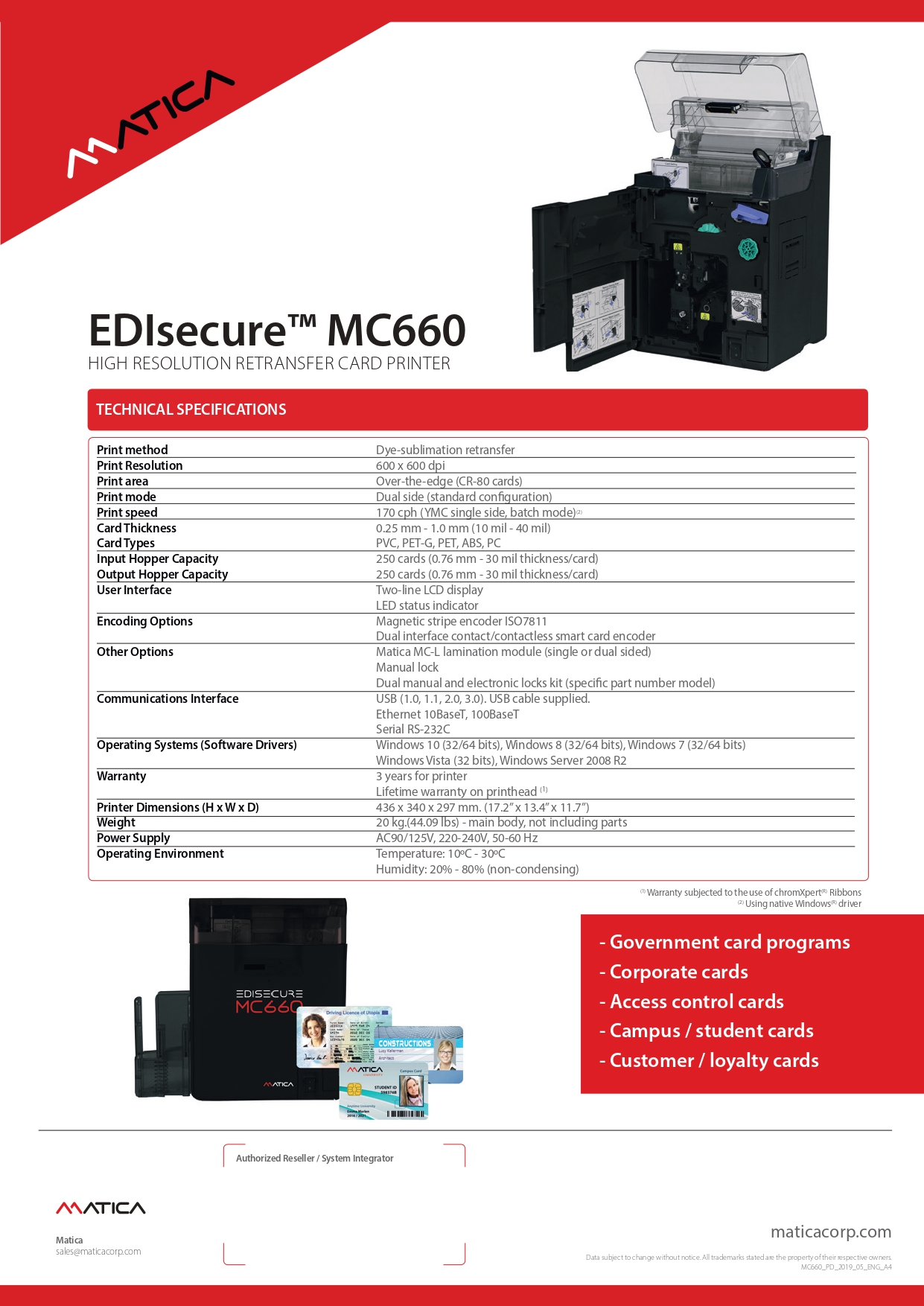 600 dpi Matica EDIsecure MC660 Retransfer NFC Business Smart Dual Sided RFID Card Printer