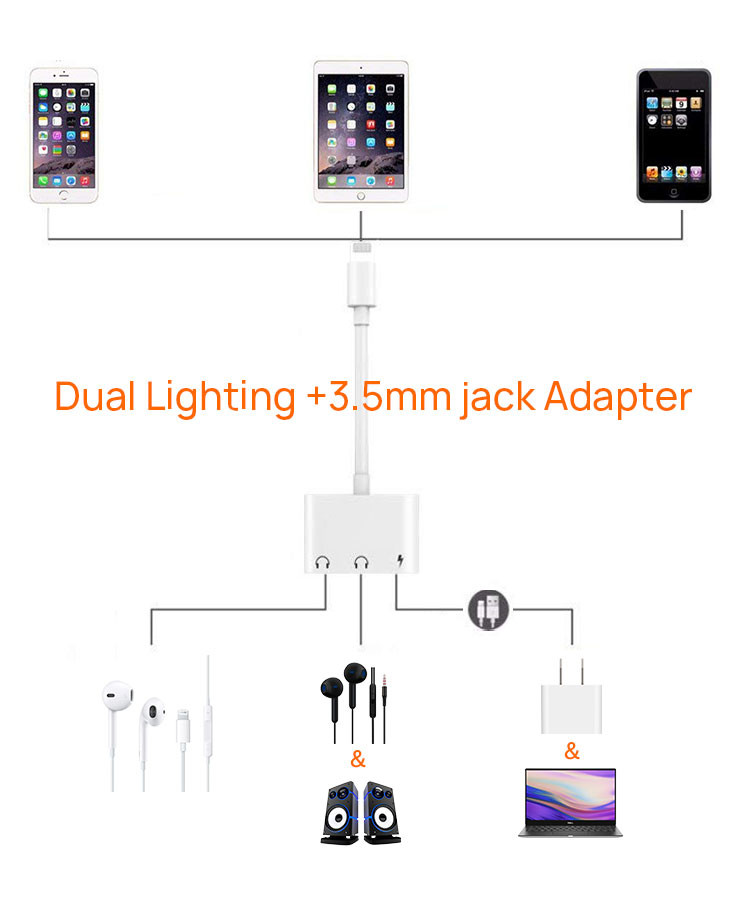 ISO9001 0.5M Lightning 3 In 1 Adapter With 3.5mm Headphone Jack