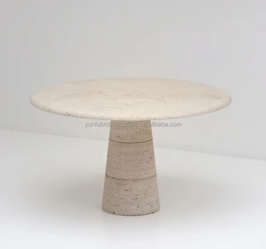 Polished Beige Round Travertine Dining Table Modern Stone Furniture for Living Room