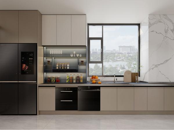 Off-White Stainless Steel U-Shaped Kitchen Cabinet With Seamlessly Integrated
