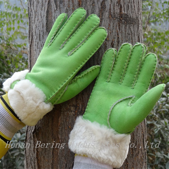 Fashion Double Face Shearing Sheepskin Leather Winter Gloves with Bowknot for Lady