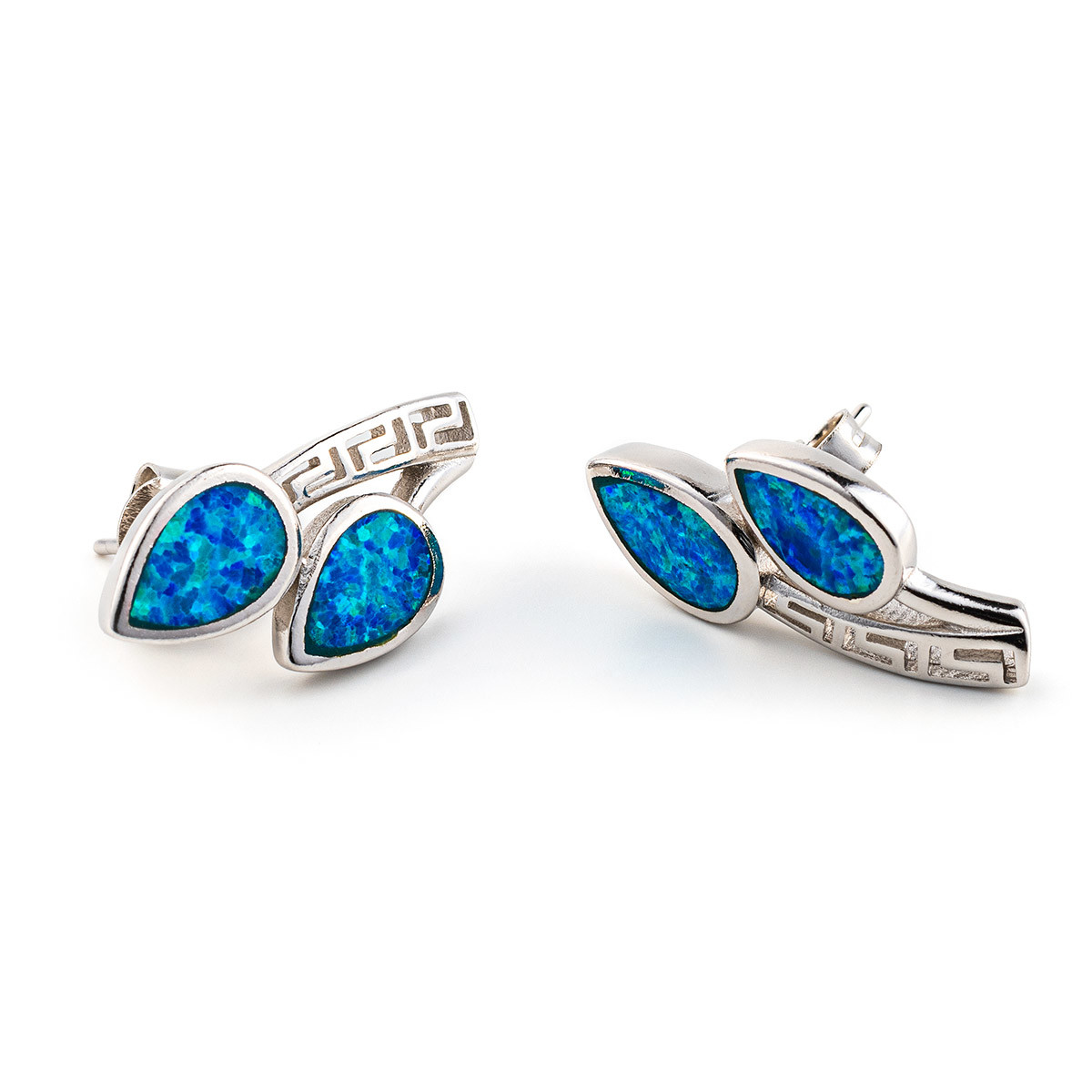 925 With Sterling Silver Greek Key Blue Meander High Quality Opal Leaf Stud Earrings