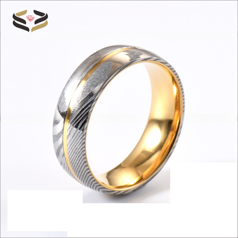 Men'S Engagement Polish Damascus Steel Rings With Grooved Inlaid Golden Tungsten Core