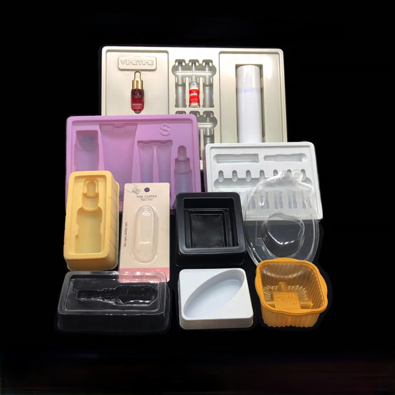 Customized disposable PP pet PVC PS flocking plastic black/white plastic vacuum tray for cosmetics