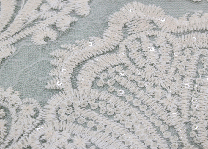 Ivory Sequin Lace Fabrics , Embroidered Bridal Lace Fabrics For Wedding Dresses