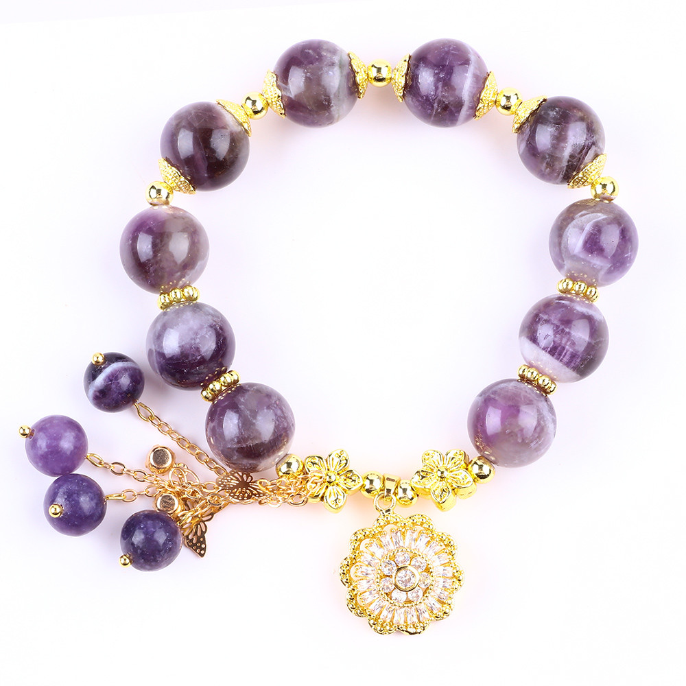 Handmade 12MM Dream Amethyst With Flower Spinner Charm Blessing Crystal Bead Bracelet