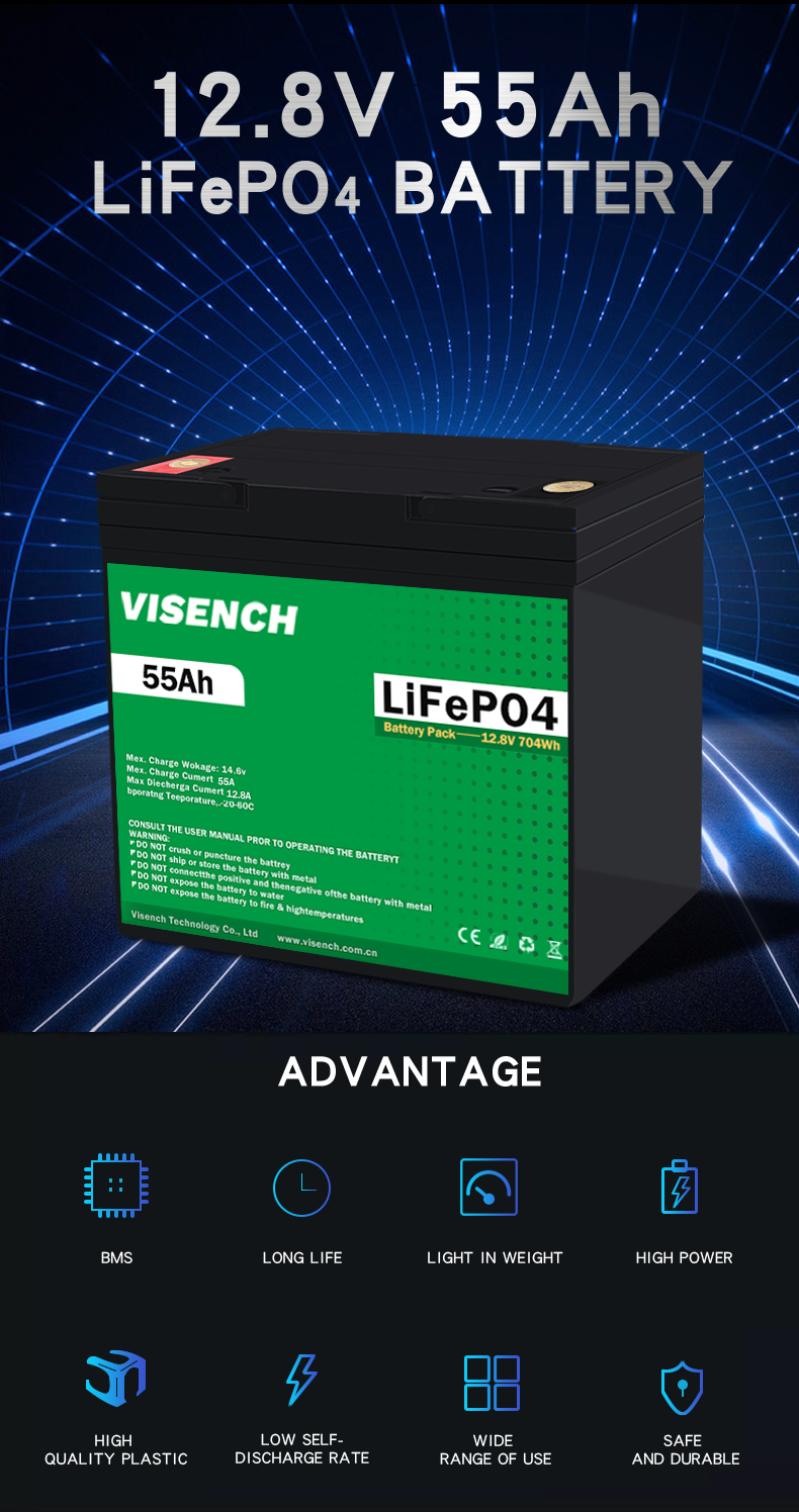 Visench Best Seller 12 V 55Ah Deep Cycle Solar Rv Caravan Marine 12 Volt Lithium Ion Batteries 12V 55Ah Lifepo4 Battery