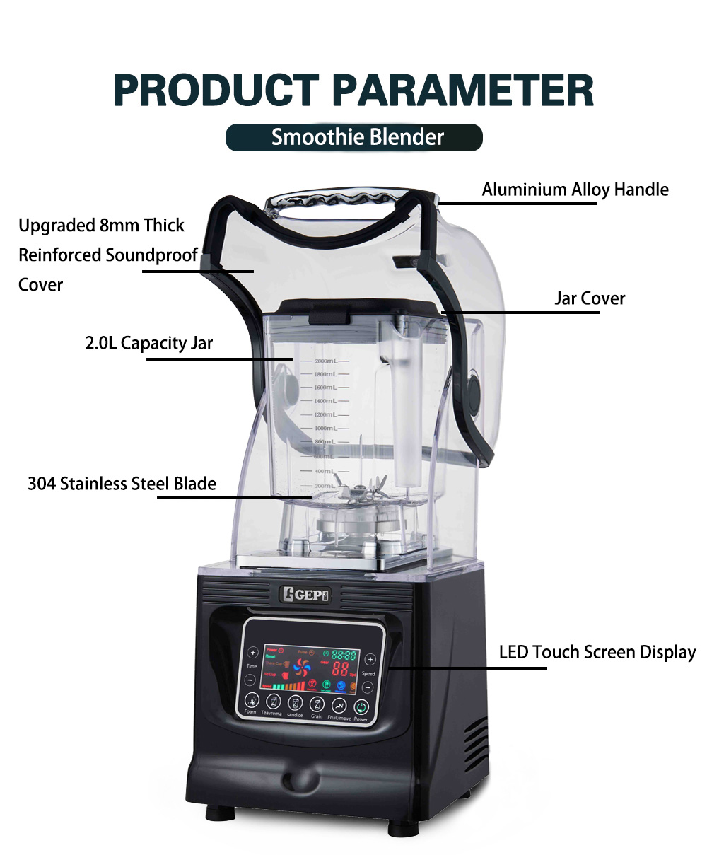 Low Noise Heavy Duty Smoothie Blender With Soundproof Cover and Unbreakable PC Jar