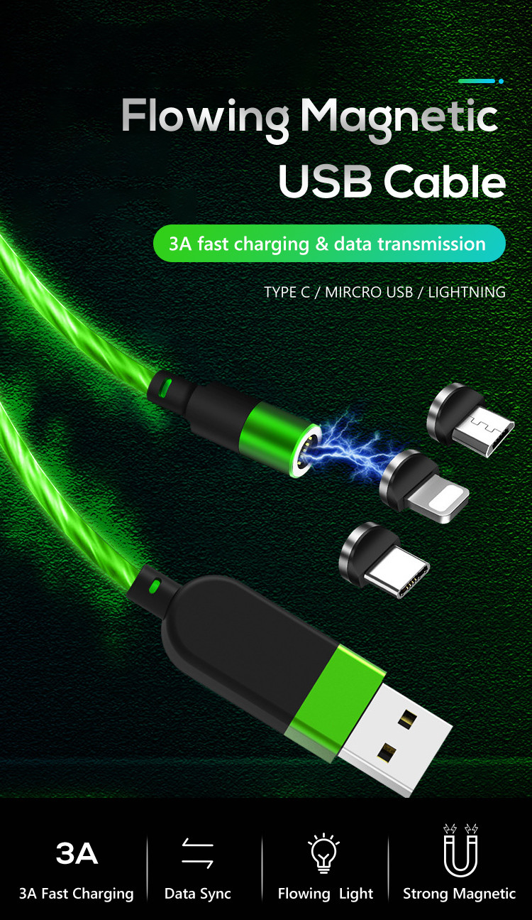 LED Flowing 5V 3A 9V Usb Type C Magnetic Charging Cable