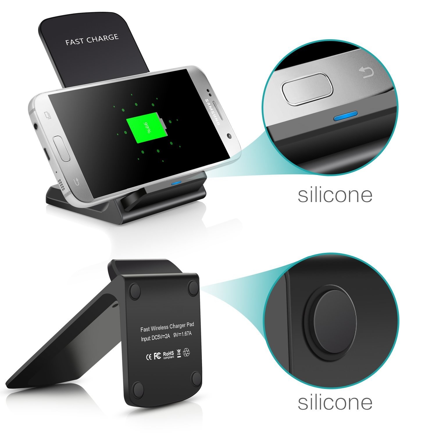 2018 Newest Universal Fast Wireless mobile phone Charger 2 Coils QI Charging Stand Pad for iPhone 8 and Andriod