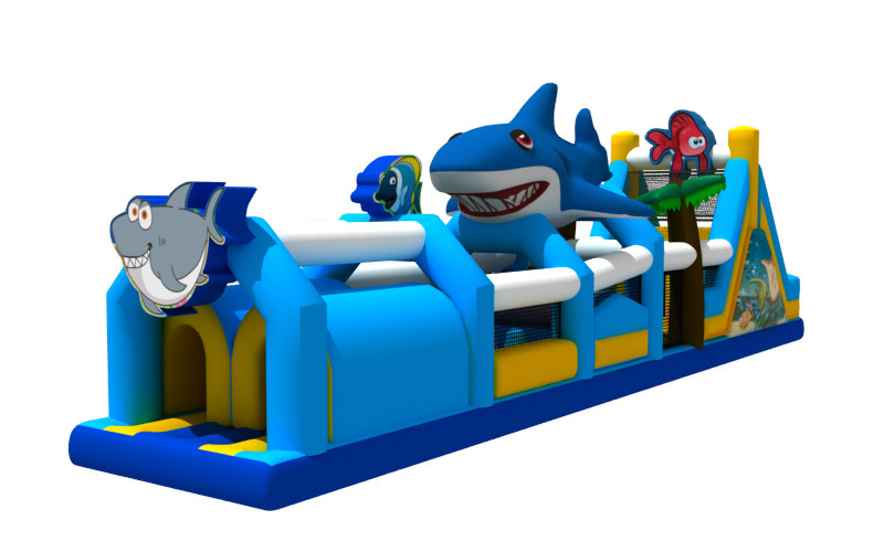 Ocean Theme Shark Fish Cartoon Inflatable Obstacle Courses Inflatable Bouncer Slide Playground For Outdoor
