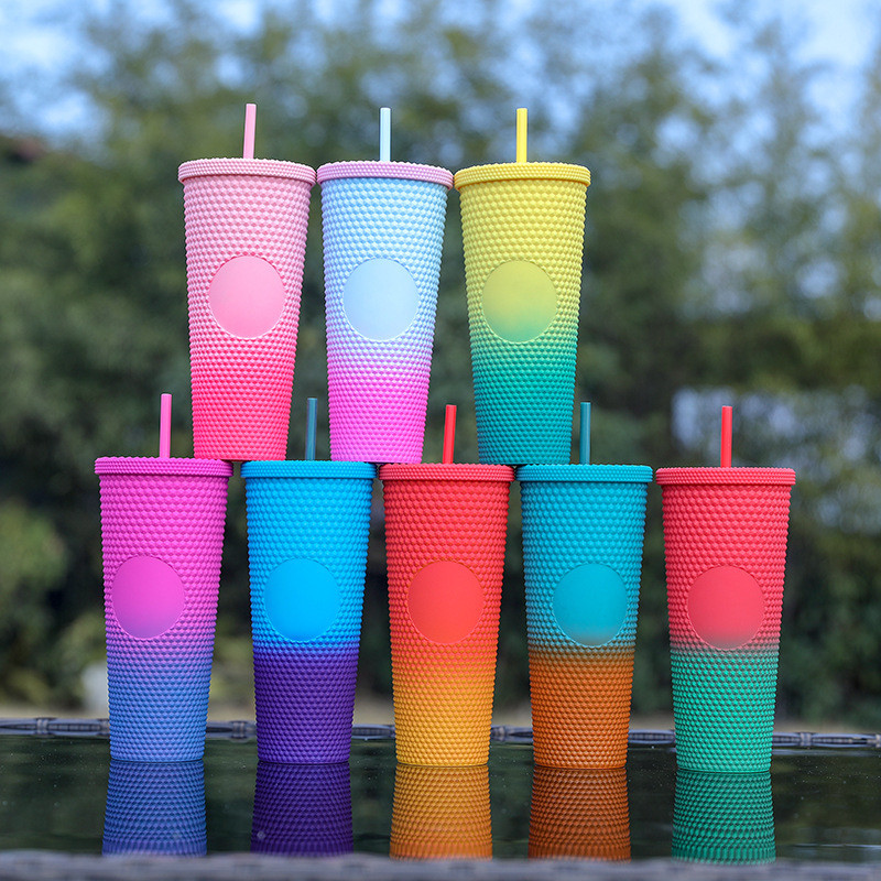Iridescent Studded Double-Wall Plastic Tumbler With Lid Straw For DIY Customization Iced Coffee Water BPA-Free